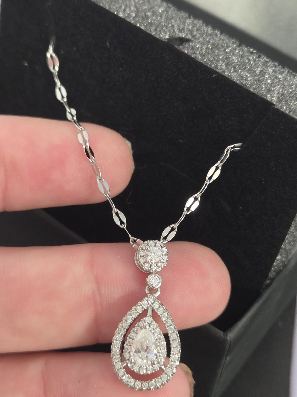 Elegant Silver Chain With Teardrop Genuine Moissanite Pendant Necklace - White